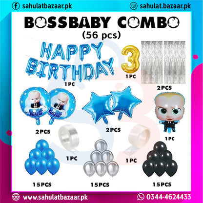 Birthday party supplies set with balloons and decorations for a 3rd birthday party, featuring 'Boss Baby' theme.