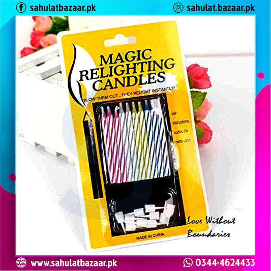 Pack of magic relighting candles with colorful wicks on a white background.