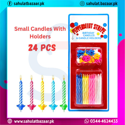 Packaging of small candles with holders and colorful candles on a white background.