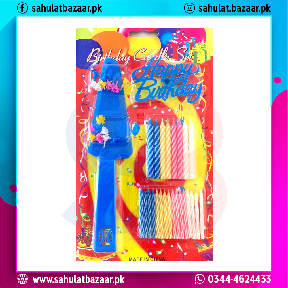 Birthday candle set with blue candle and colorful wicks in packaging on a colorful background