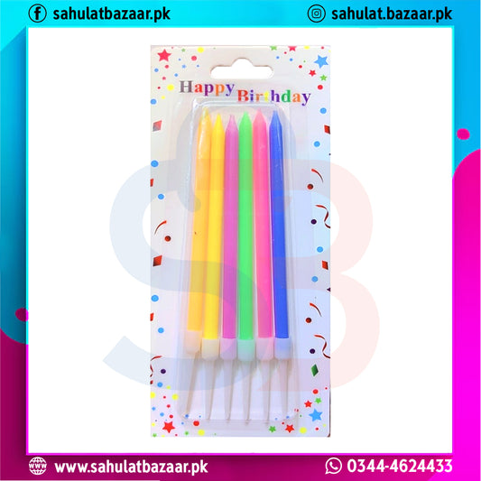 Set of colorful birthday candles in a decorative package with 'Happy Birthday' text.