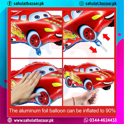 Red car-shaped aluminum foil balloon with a hand holding it, on a colorful background with 'sahulatbazaar.pk' branding.