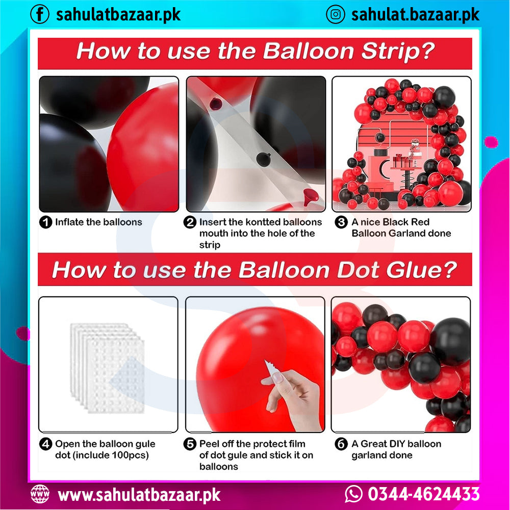 Instructions on how to use balloon strip and dot glue for DIY balloon garland with colorful background.