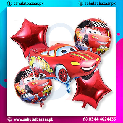 Red car-shaped balloons with star designs on a white background, featuring the brand 'sahulatbazaar.pk'.