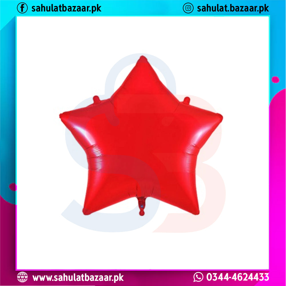Red star-shaped balloon on a white background with colorful border