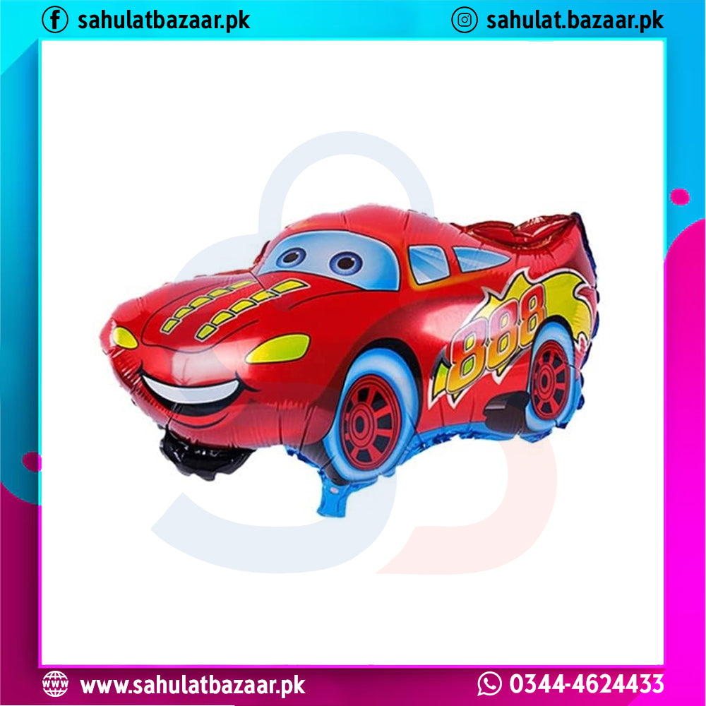 Red car-shaped balloon with blue and yellow details on a colorful border