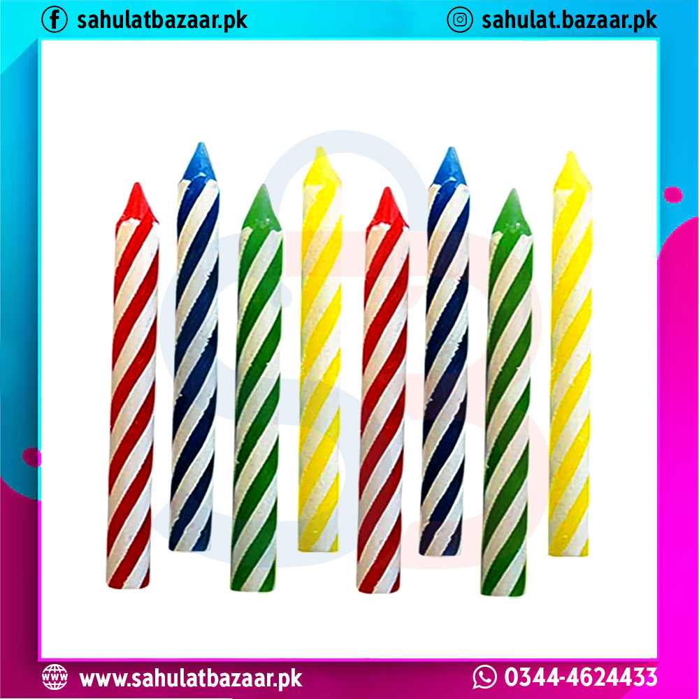 Colorful striped birthday candles on a white background with Sahulat Bazaar branding.