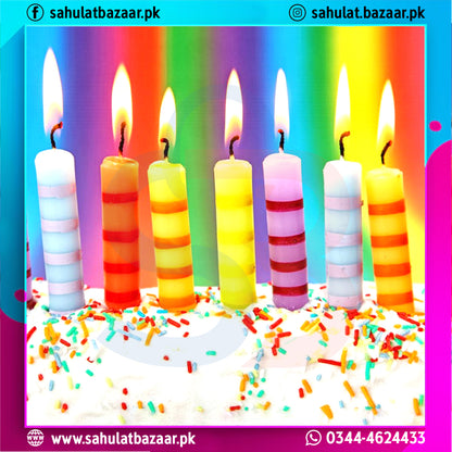 Colorful birthday candles on a cake with a rainbow background, featuring the brand 'sahulatbazaar.pk'.