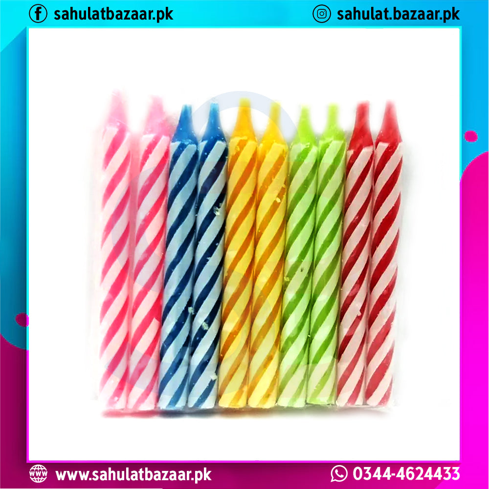 Set of colorful striped birthday candles on a white background with brand information.