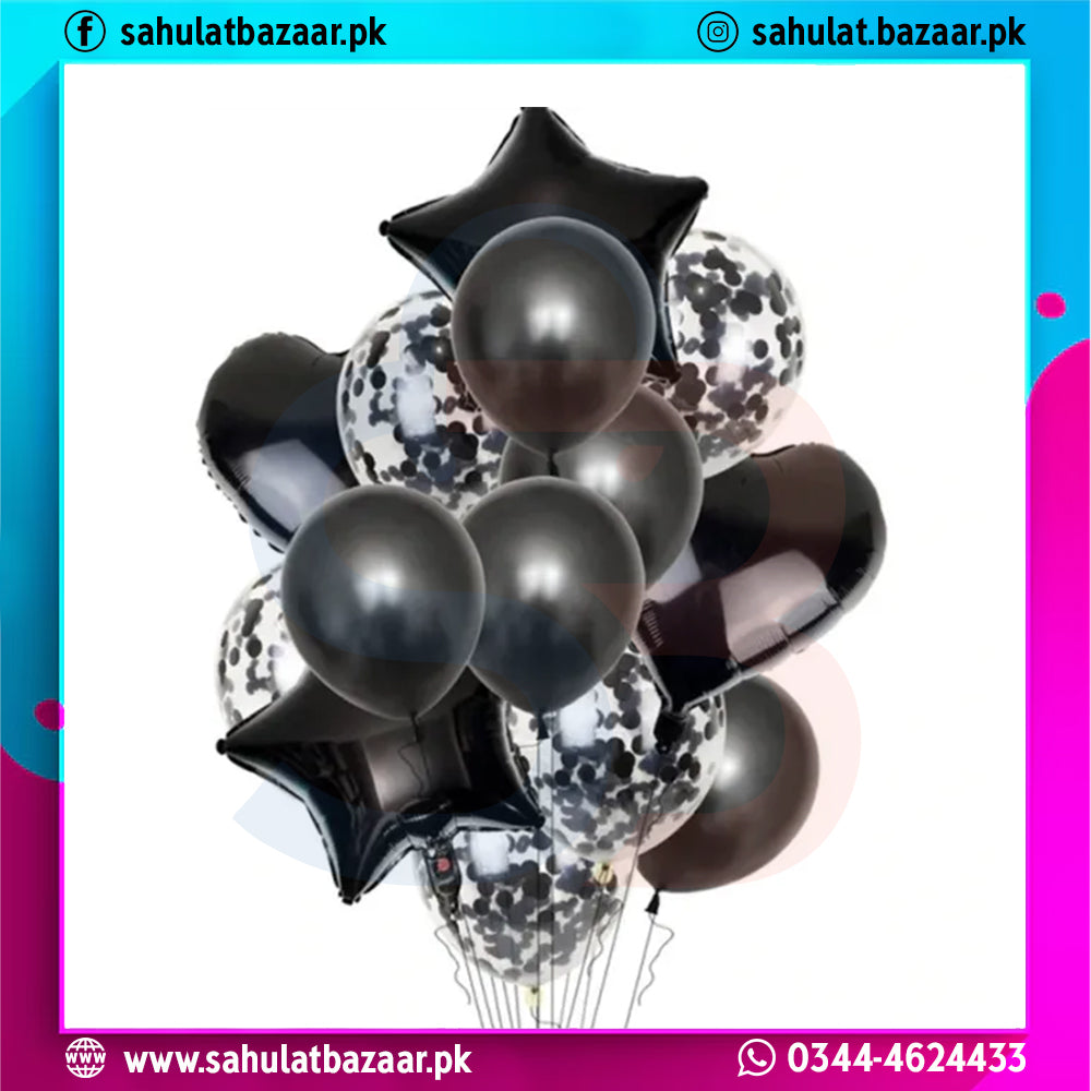 Bouquet of black and silver balloons with a colorful border and text overlay.