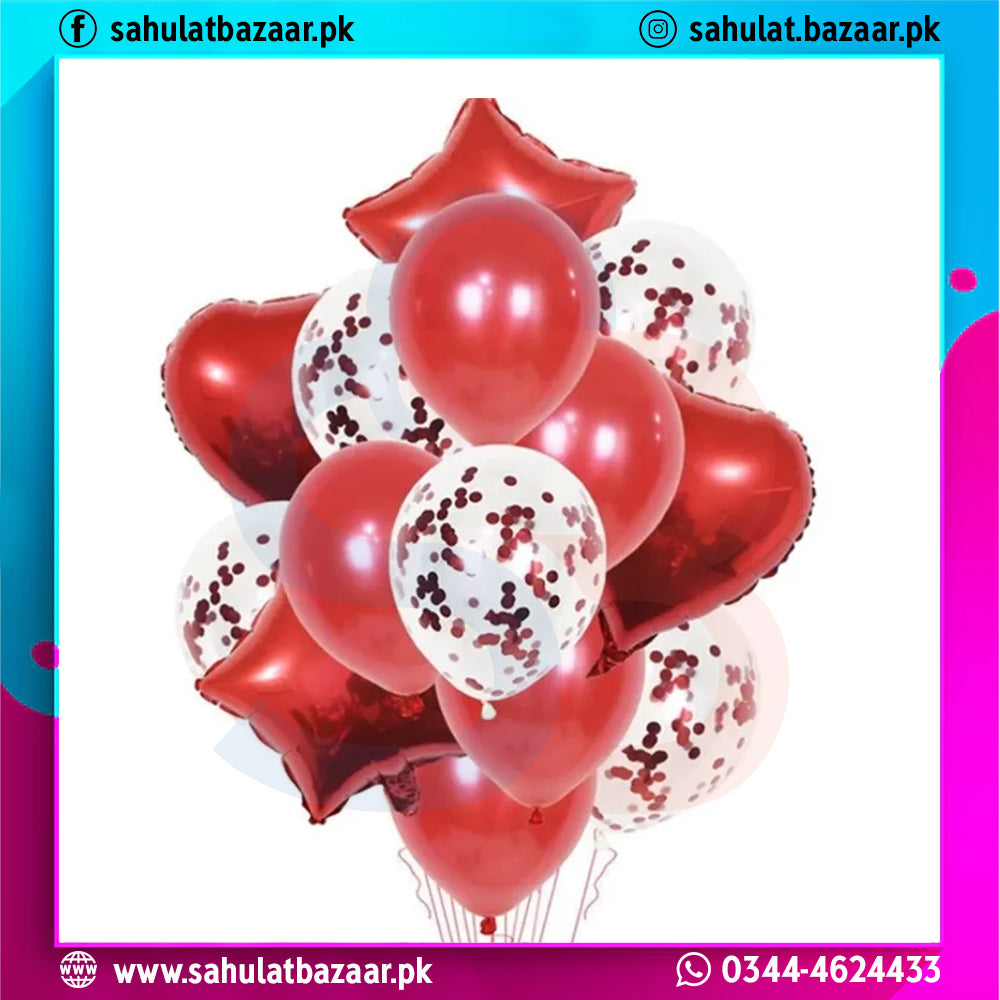 Bouquet of red and white balloons with confetti on a colorful border, featuring 'sahulatbazaar.pk'.