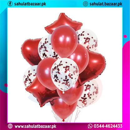 Bouquet of red and white balloons with confetti on a colorful border, featuring 'sahulatbazaar.pk'.