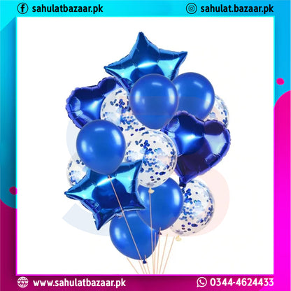 Bouquet of blue balloons with stars and confetti on a white background, featuring brand logos and contact information.