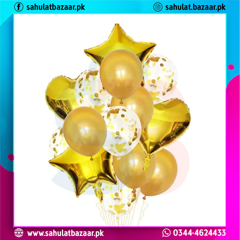 Gold and white balloons with star shapes on a colorful border, featuring 'sahulatbazaar.pk'.