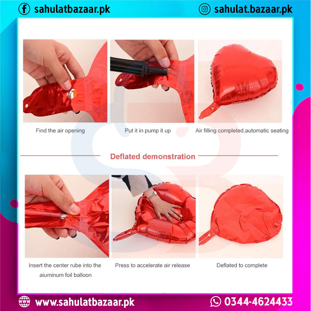 Step-by-step guide on how to inflate a red balloon with a pump, including deflation steps.