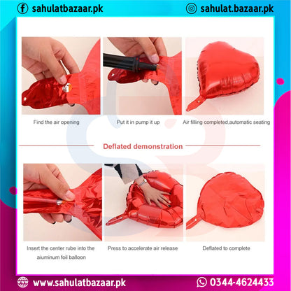 Step-by-step guide on how to inflate a red balloon with a pump, including deflation steps.