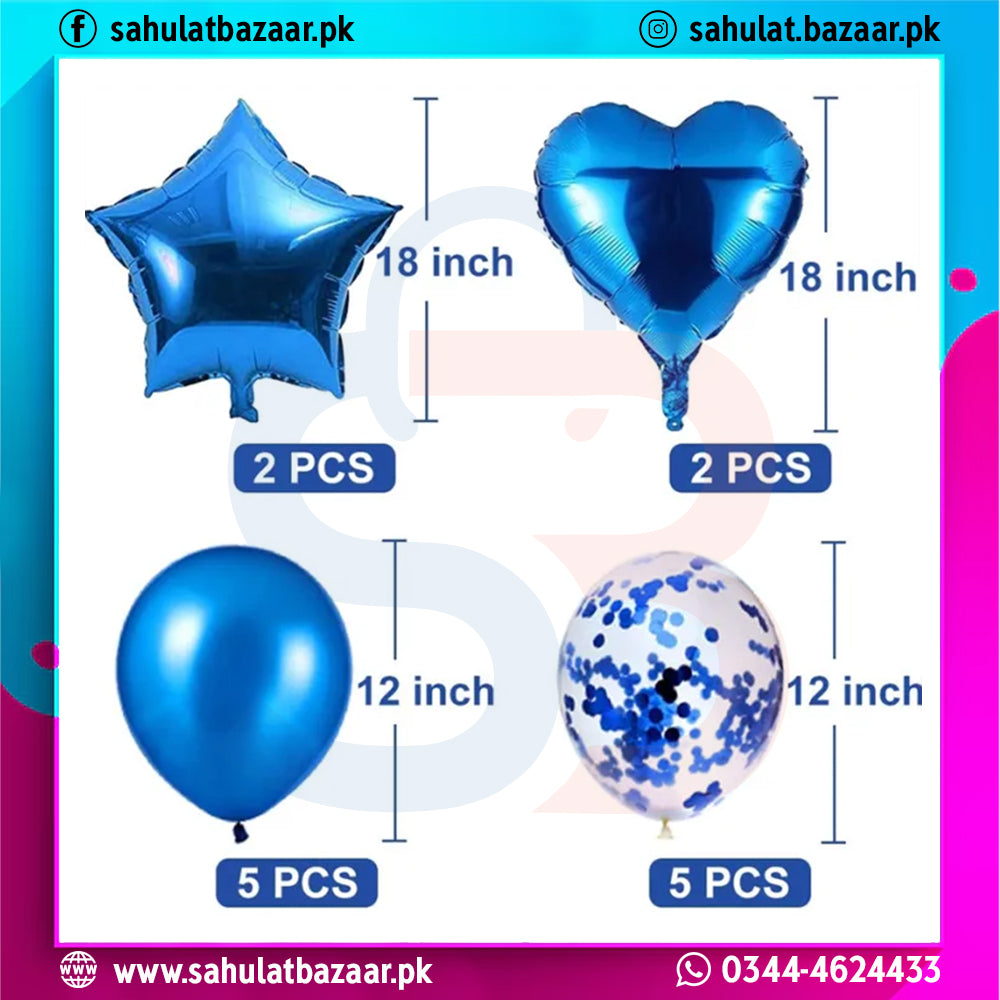 Set of blue balloons with sizes and quantities indicated, featuring Sahulat Bazaar branding.