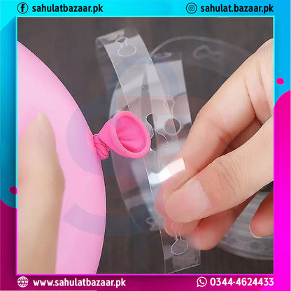 Hand holding a clear plastic bag with a pink hair tie and small heart-shaped object, with a colorful border and text overlay.
