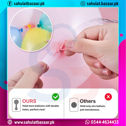 Hands holding a balloon with a small hole, showing a comparison with 'Others' product on a colorful background.