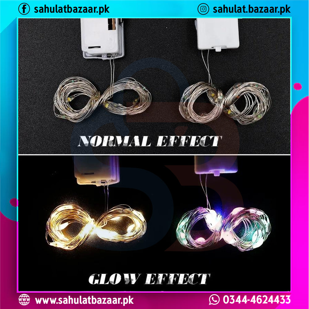Comparison of LED string lights with normal and glow effects on a dark background.