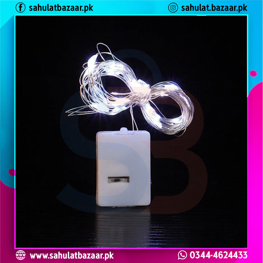 String lights with a white adapter on a black background, featuring the brand 'sahulatbazaar.pk'.