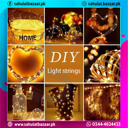 Collage of DIY light strings in various shapes and uses with 'sahulatbazaar.pk' branding.