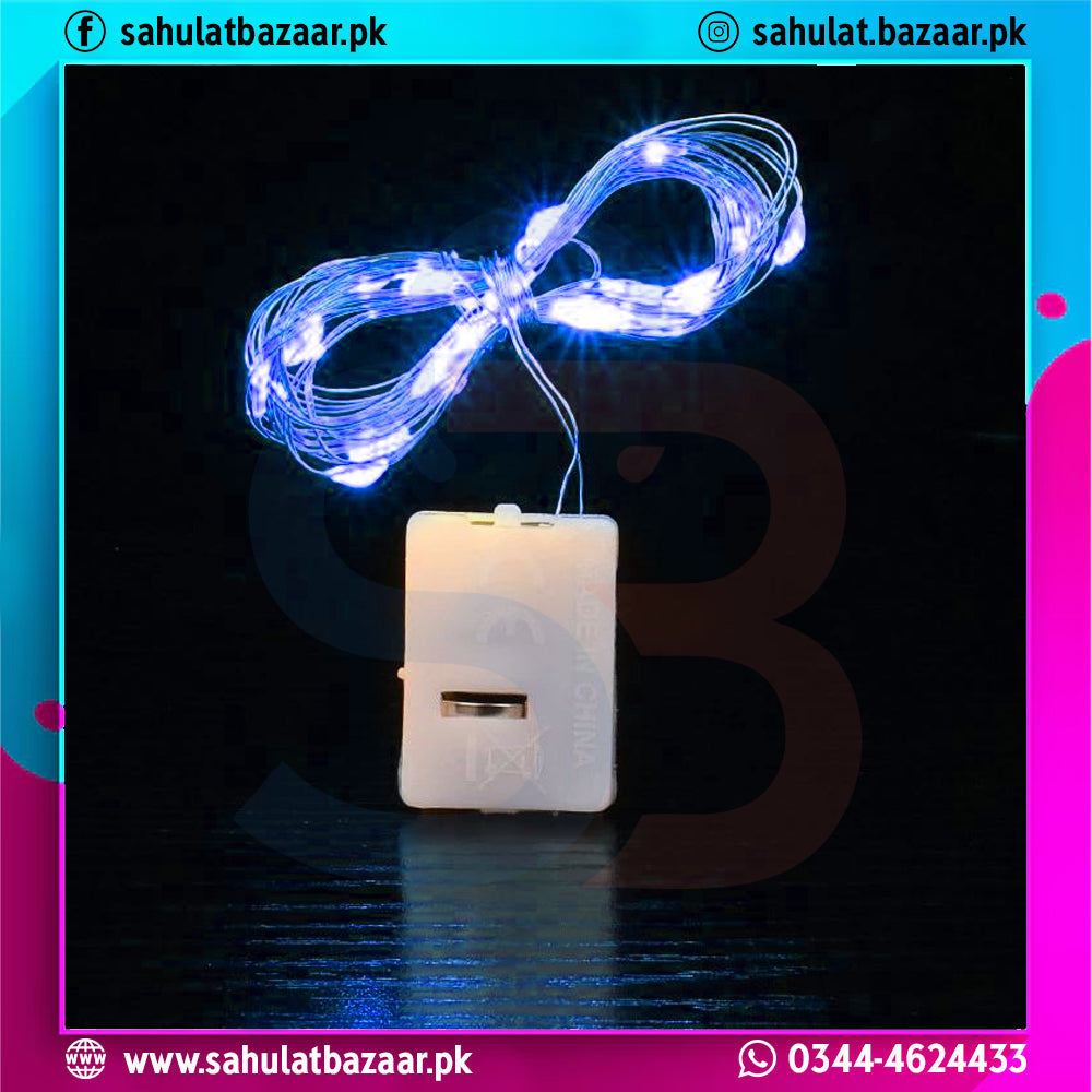 Blue LED string light with white adapter on a dark background, branded 'sahulatbazaar.pk'.