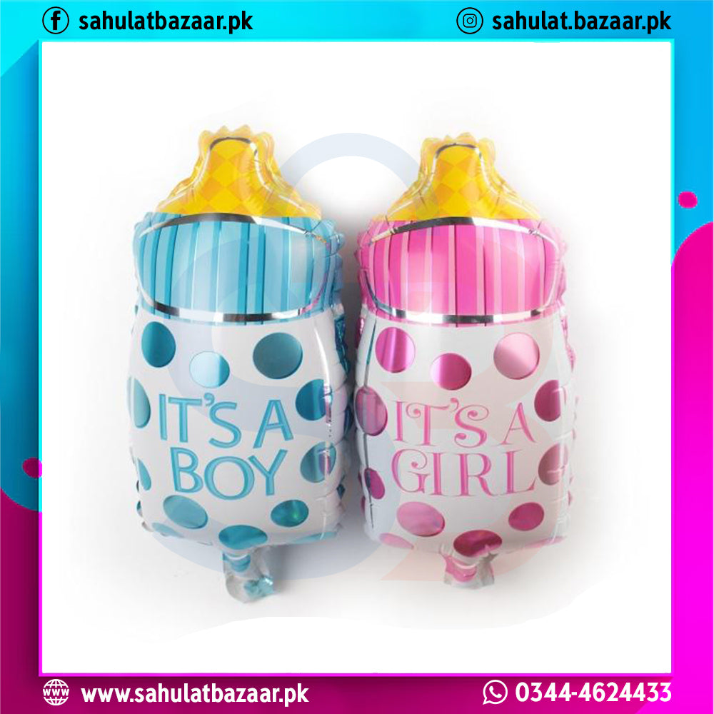 Two inflatable baby bottle-shaped balloons with 'It's a Boy' and 'It's a Girl' text on a white background.