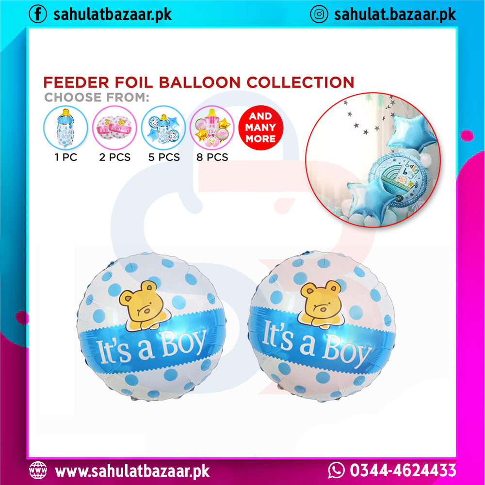 Feeder foil balloon collection with 'It's a Boy' text and teddy bear design on a colorful background.