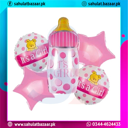 Decorative balloons with 'It's a Girl' text and a bear design, featuring a bottle-shaped balloon.