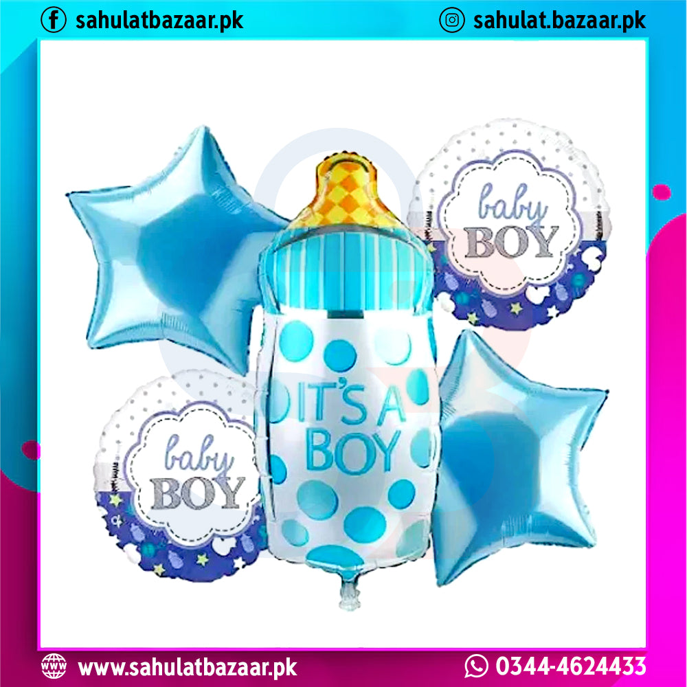 Baby shower balloons with 'It's a Boy' text and blue stars on a white background.