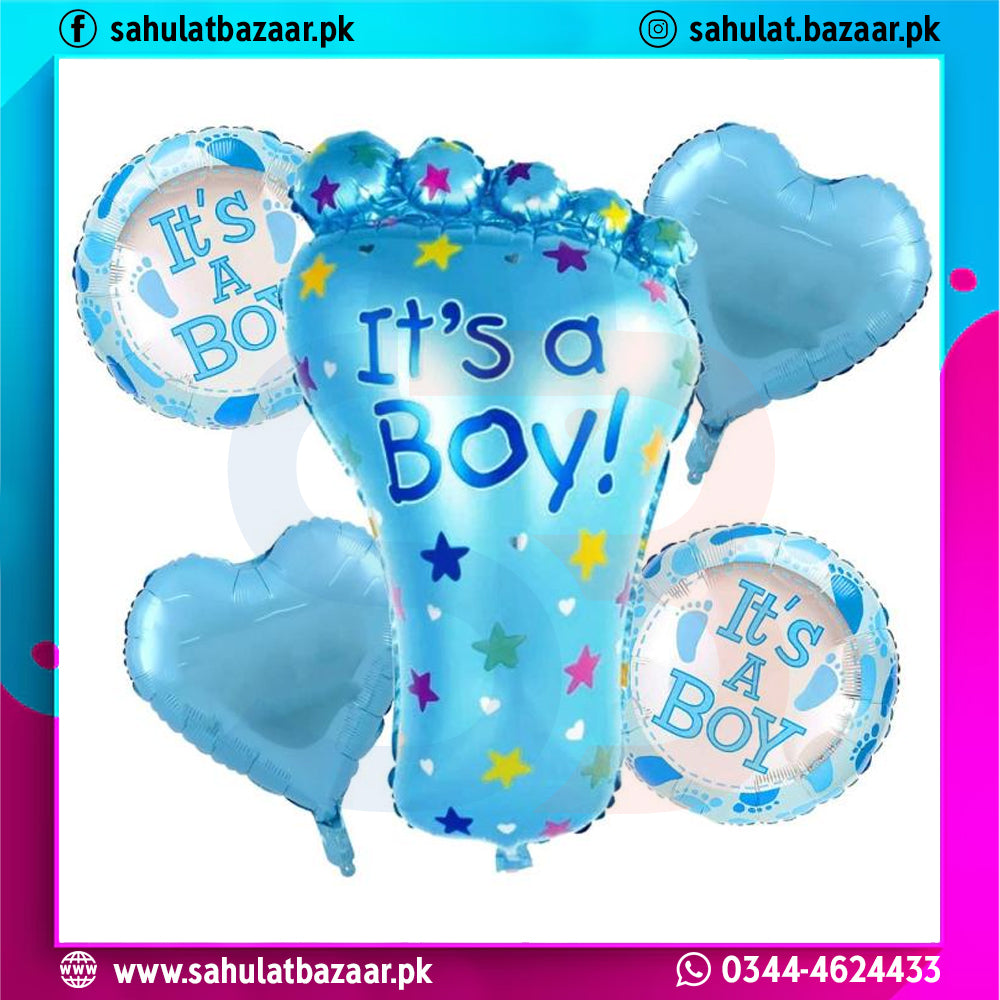Blue balloon shaped like a number '1' with 'It's a Boy!' text, surrounded by heart-shaped balloons, on a white background.