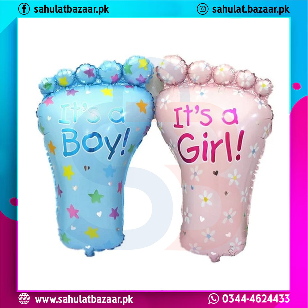 Two foot-shaped balloons, one blue and one pink, with 'It's a Boy!' and 'It's a Girl!' text respectively, on a colorful border.