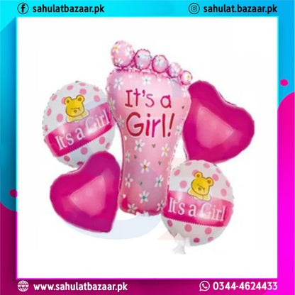 Balloon set with 'It's a Girl!' text and teddy bear designs on a white background.