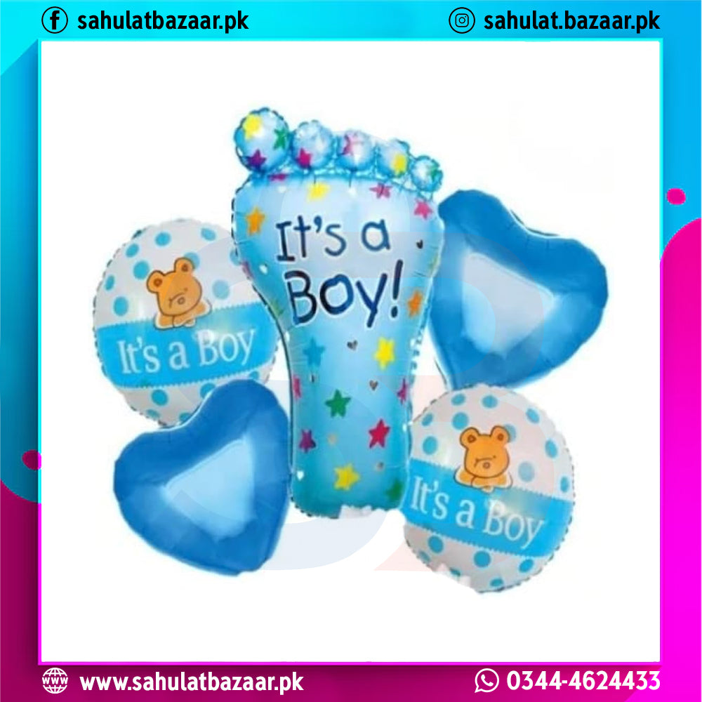 Set of balloons with 'It's a Boy!' text and teddy bear designs on a white background.