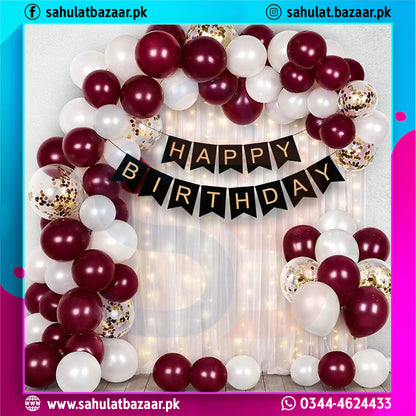 Balloon arch with 'Happy Birthday' banner and lights, branded with sahulatbazaar.pk