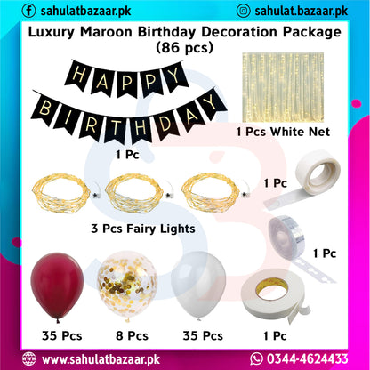 Luxury maroon birthday decoration package with 'Happy Birthday' banner, fairy lights, balloons, and other items on a colorful background.