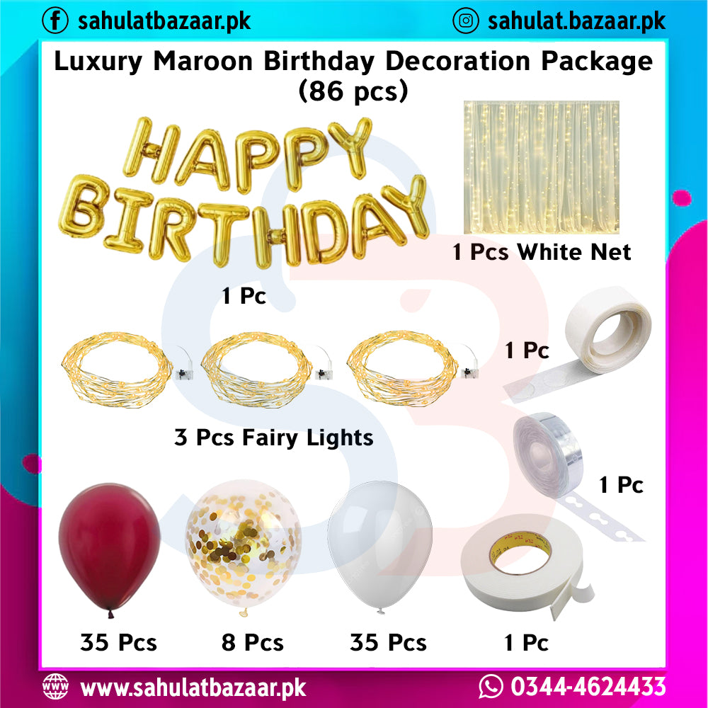 Luxury Maroon Birthday Decoration Package with 'Happy Birthday' balloons and fairy lights on a colorful background.
