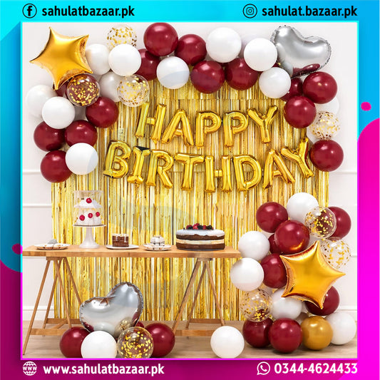 Luxury Maroon Birthday Decoration Package – 88 Pcs Balloon Arch & Happy Birthday Foil Backdrop Set | Sahulat Bazaar