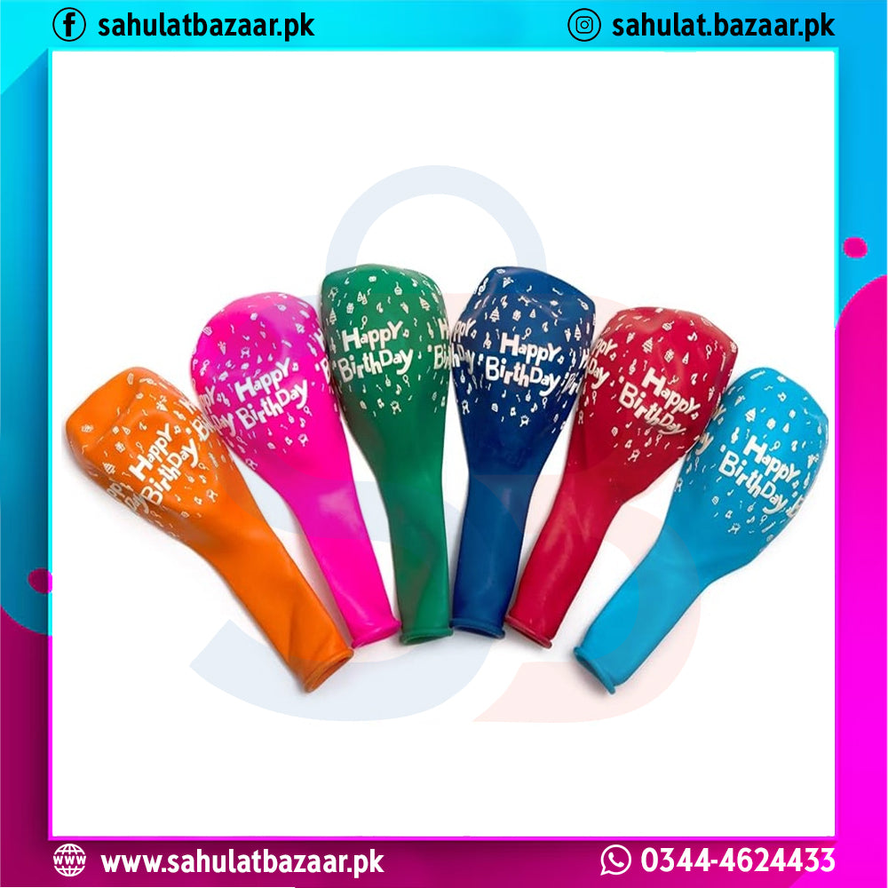 Colorful 'Happy Birthday' balloons on a white background with brand logo and contact information.