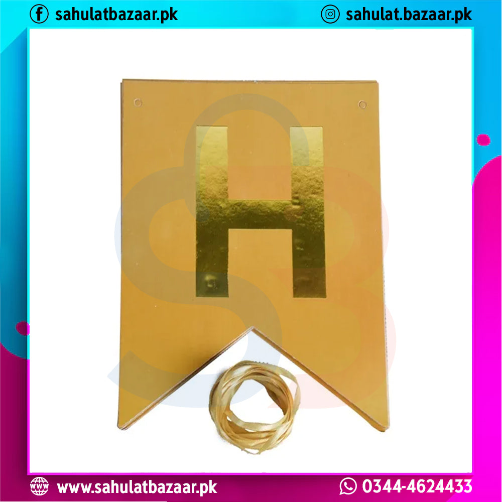Gold letter 'H' on a gold background with a string, branded 'sahulatbazaar.pk'.