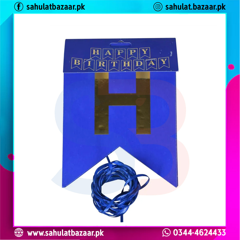 Blue birthday banner with 'Happy Birthday' text and a string of lights on a white background.