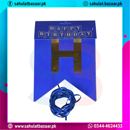 Blue birthday banner with 'Happy Birthday' text and a string of lights on a white background.