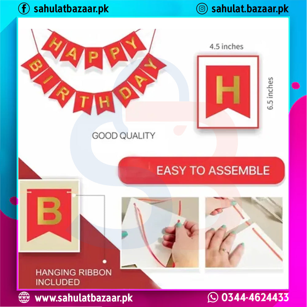 Birthday banner set with 'Happy Birthday' text and measurement details on a colorful background.
