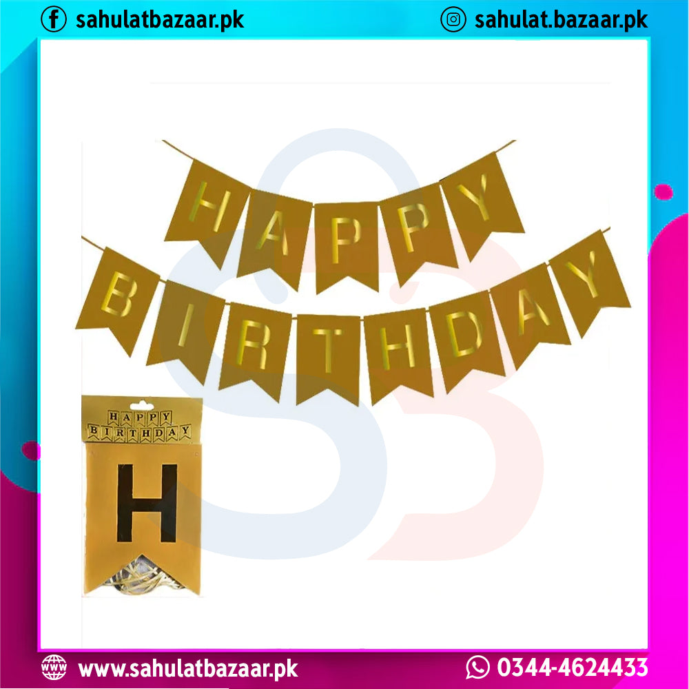 Gold 'Happy Birthday' banner with a letter 'H' on a white background