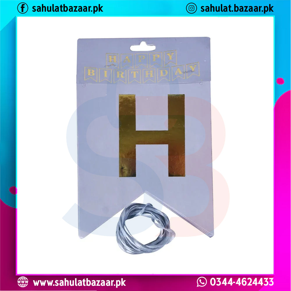Gold letter 'H' with 'Happy Birthday' banner on a white background