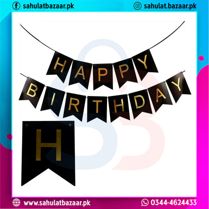 Black and gold 'Happy Birthday' banner with a colorful border