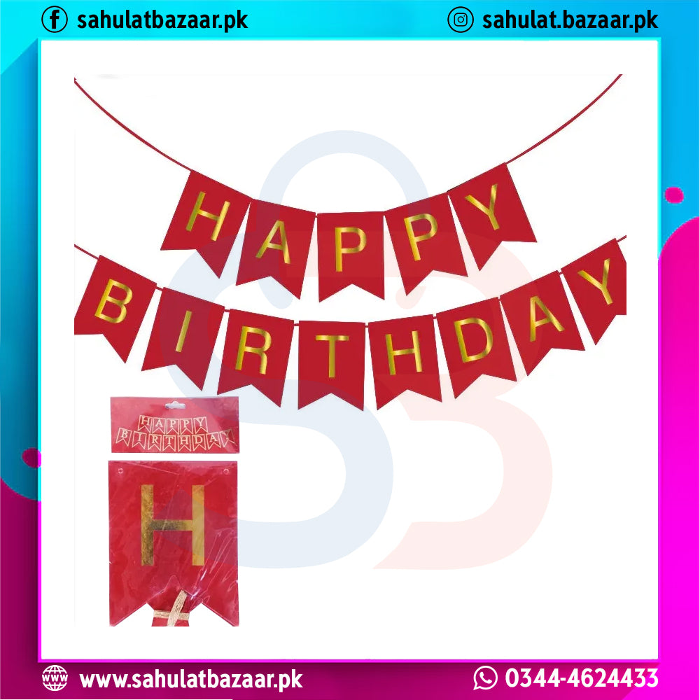 Red 'Happy Birthday' banner with gold letters on a white background, featuring the brand 'sahulatbazaar.pk'.