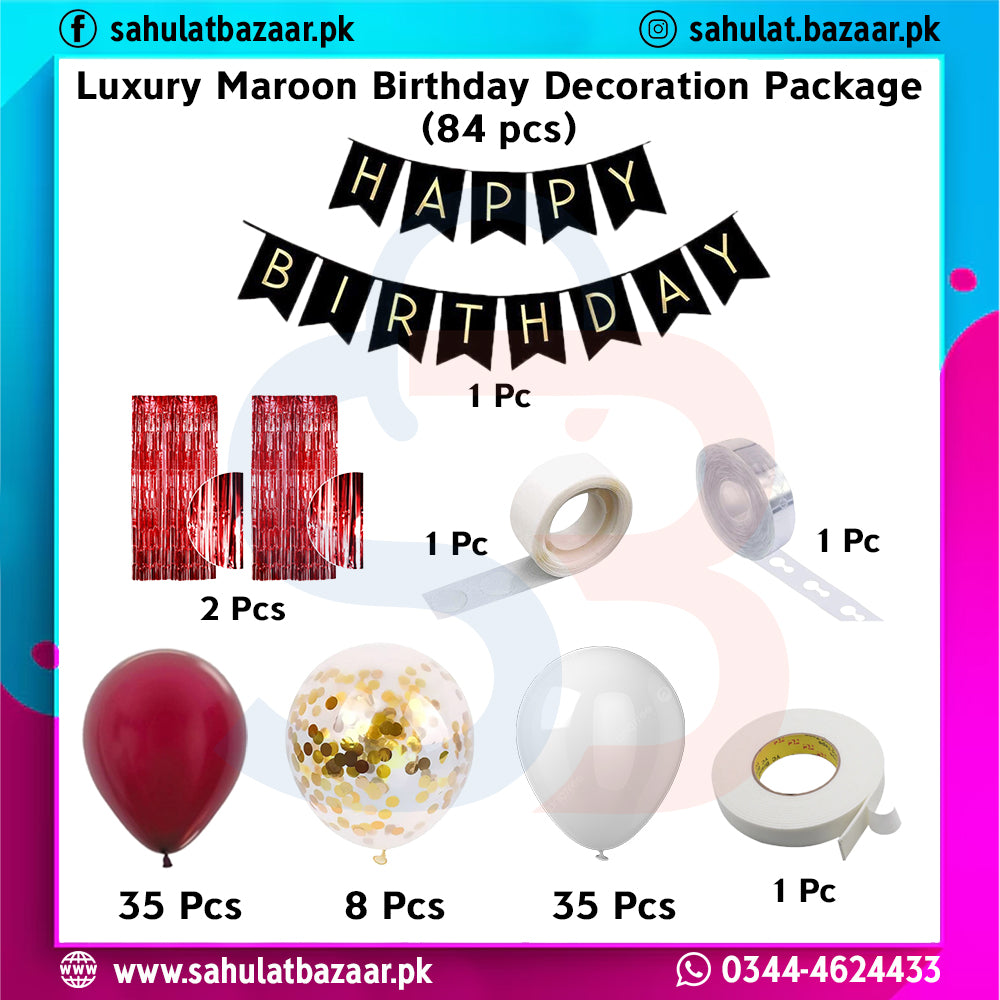 Luxury maroon birthday decoration package with balloons, streamers, and banners on a colorful background.