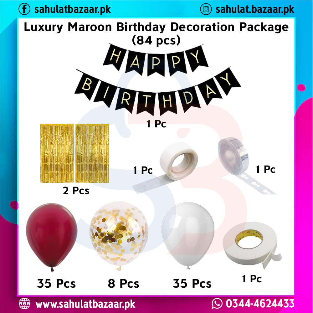 Luxury maroon birthday decoration package with balloons, streamers, and other items on a colorful background.